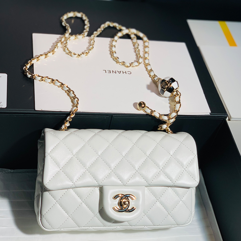 Chanel Classic Flag Bag Pearl Crush Mini Square Flap Bag White Lambskin Light Gold Hardware