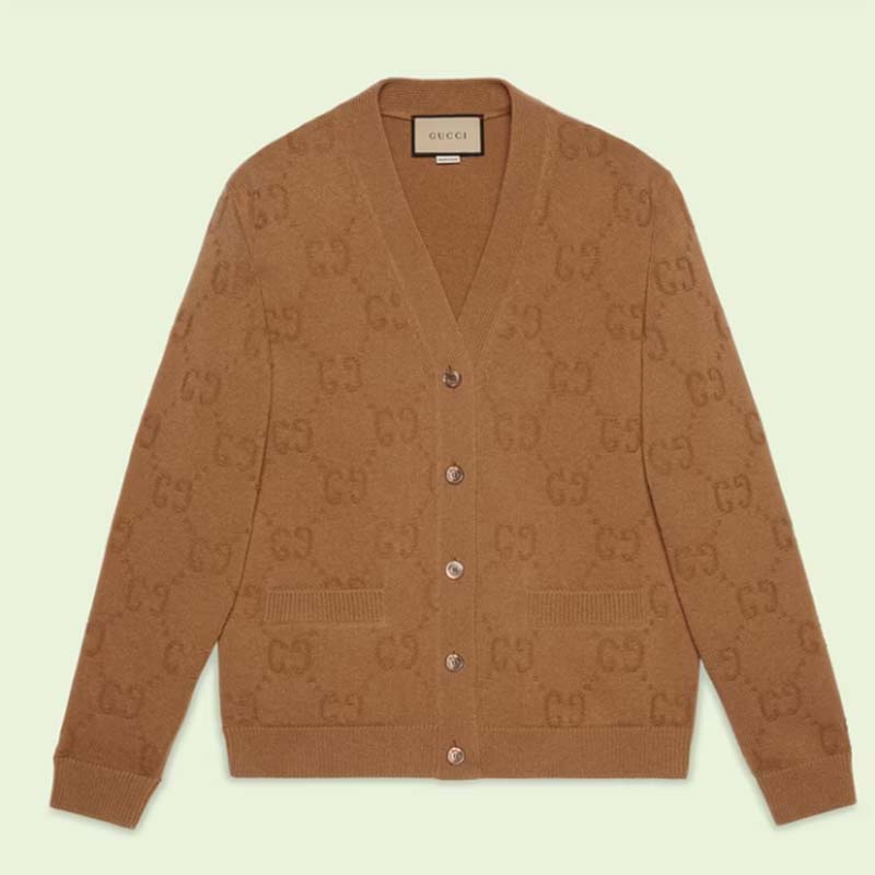 Gucci Men GG Wool Cardigan Beige V-Neck Collar Two Front Pockets