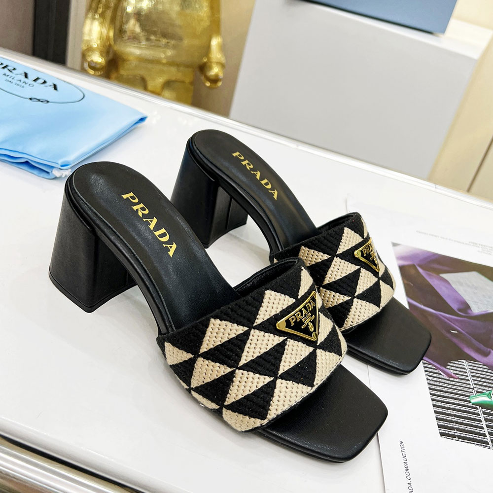 Prada Fabric Chunky Heels Sandals Slide