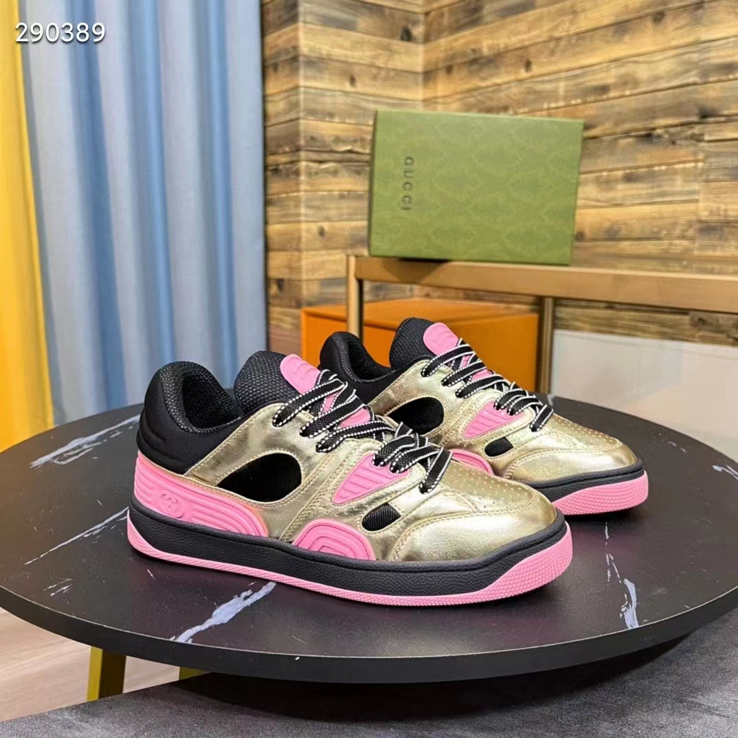 Gucci Unisex Basket Sneaker Gold Metallic Leather Pink Rubber Low 3.3 Cm Heel