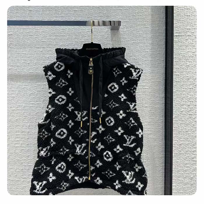 Louis Vuitton LV Men Sleeveless Hooded Monogram Teddy Jacket Acrylic Wool Black White