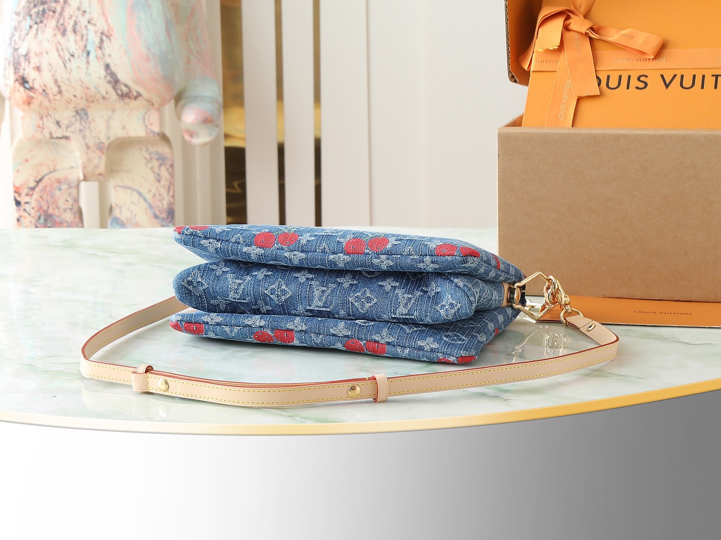 Louis Vuitton new denim cherry embroidery chain bag M14978