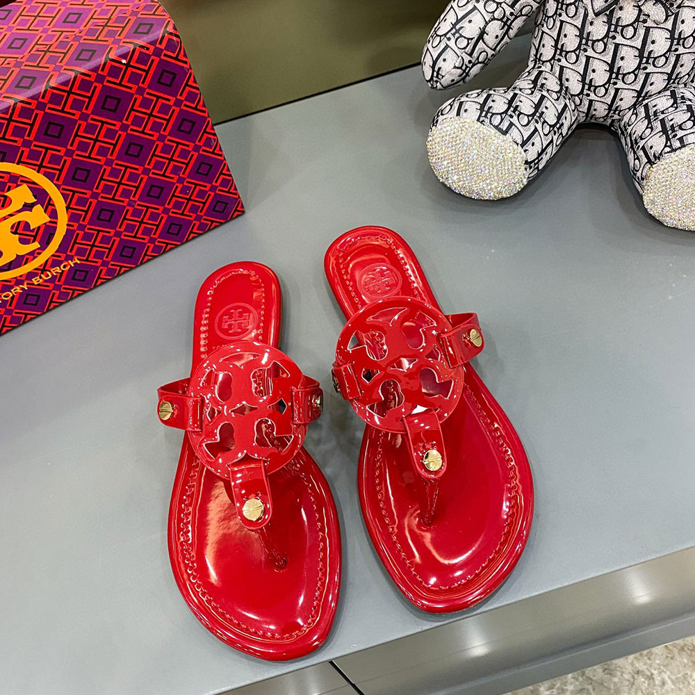 Tory Burch Leather Metal Double T Logo Flip-flops Sandals Slide