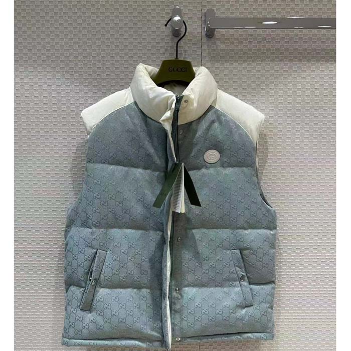 Gucci Men GG Cotton Canvas Padded Vest Blue Lined High Neck Sleeveless Two Side Pockets