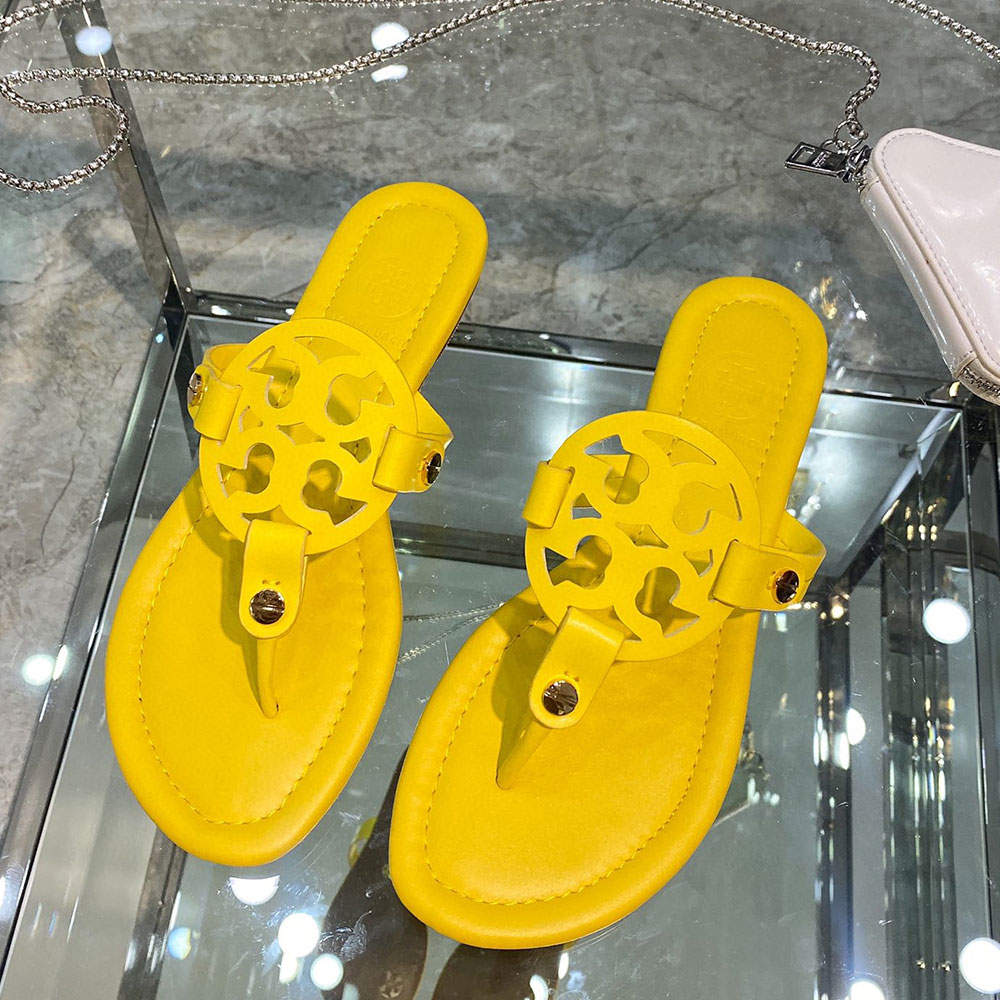 Tory Burch Leather Metal Double T Logo Flip-flops Sandals Slide