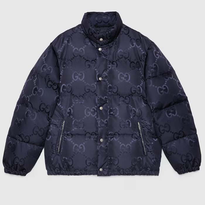 Gucci Men Jumbo GG Canvas Down Jacket Blue Nylon Front Zip Pockets
