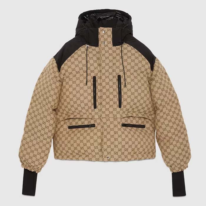 Gucci Men GG Canvas Bomber Jacket Camel Ebony Black Trim Lined Dropped Shoulder Padded