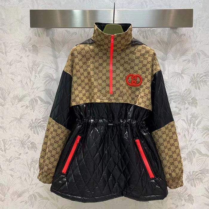 Gucci Men GG Canvas Nylon Zip Jacket Interlocking G Patch High Collar Drawstring Waistband