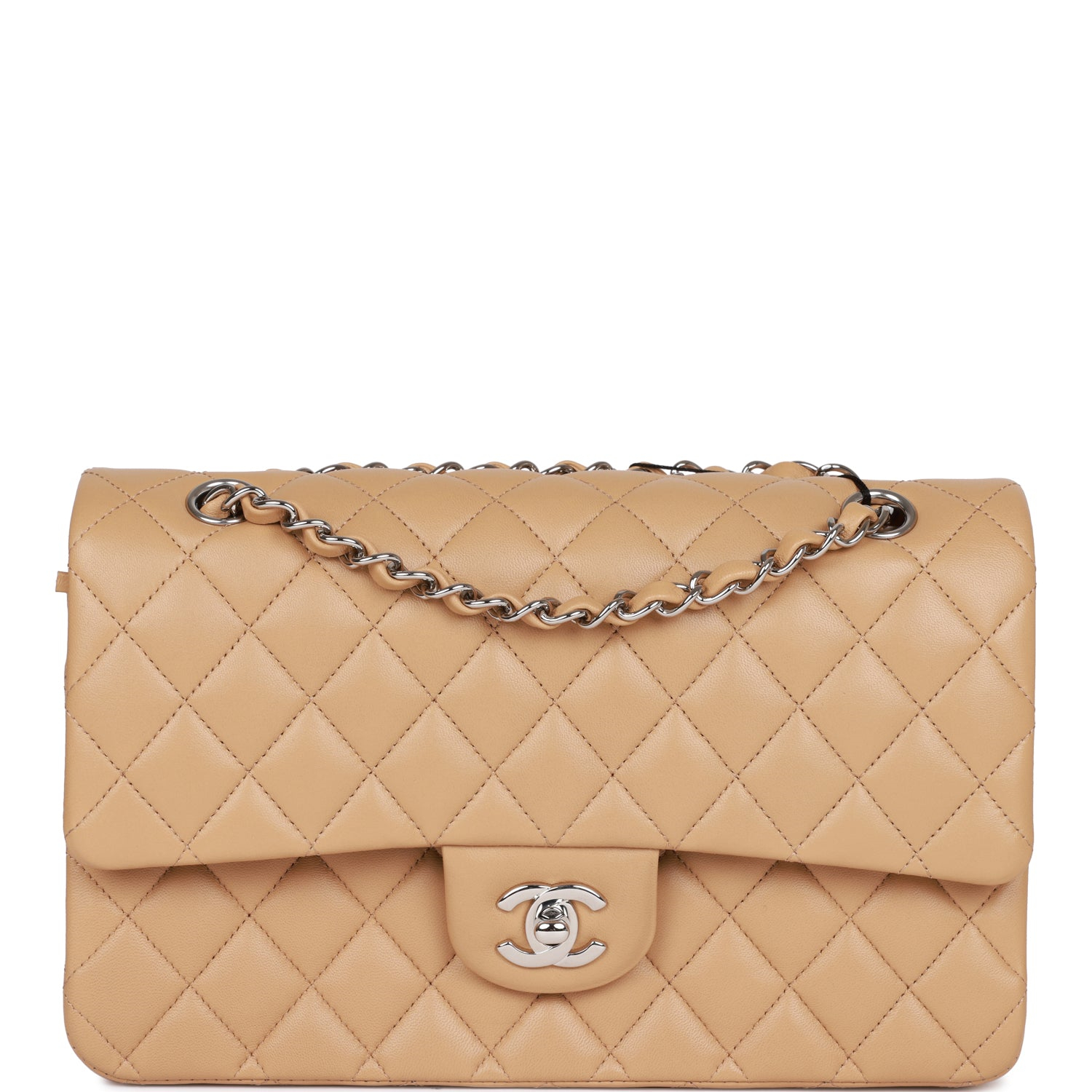 Chanel Classic Flag Bag Medium Classic Double Flap Bag Beige Lambskin Silver Hardware