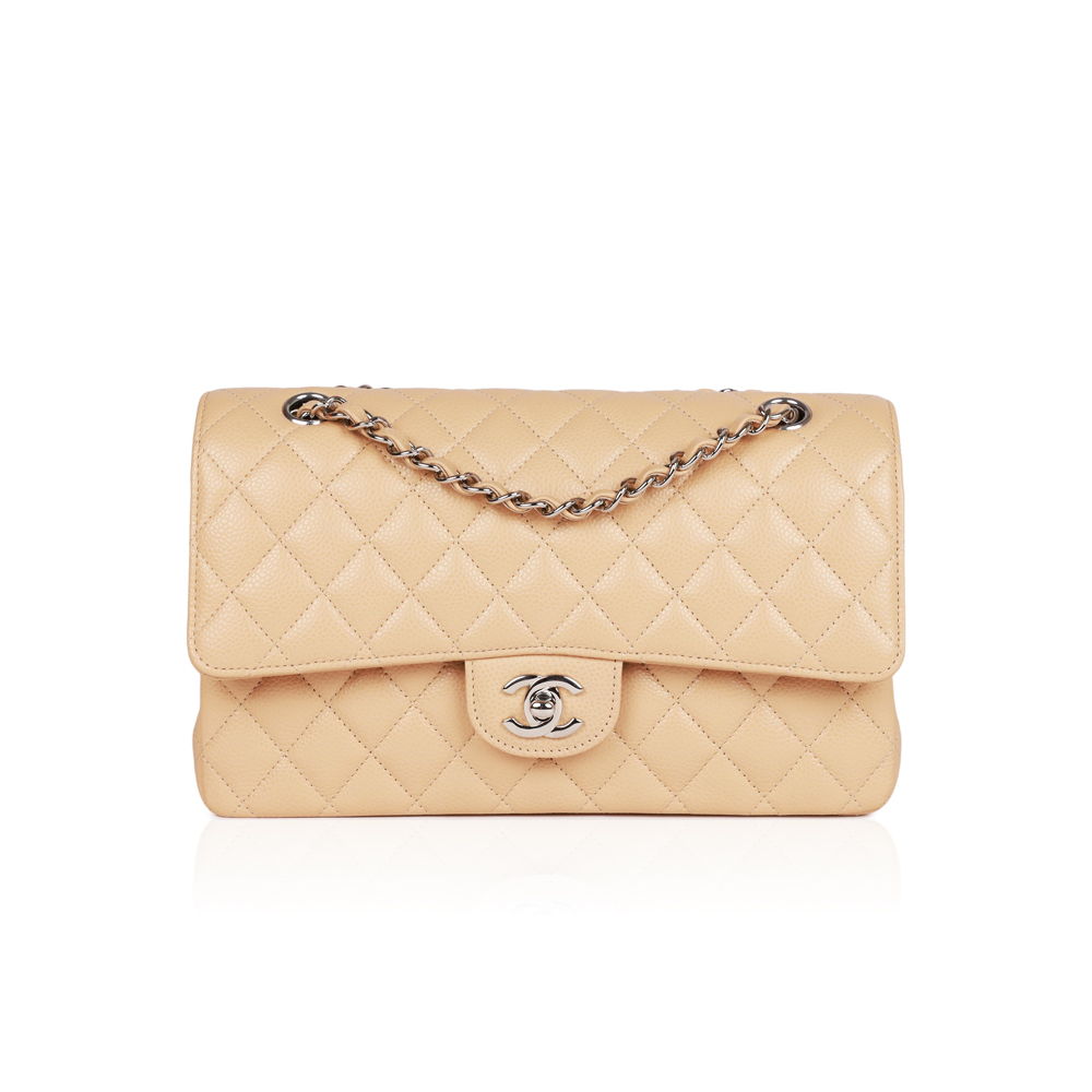 Chanel Classic Flag Bag Medium Classic Double Flap Bag Beige Caviar Silver Hardware