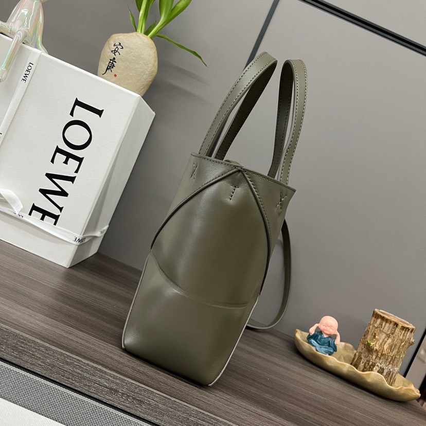 Loewe Mini Puzzle Fold Tote in shiny calfskin Green