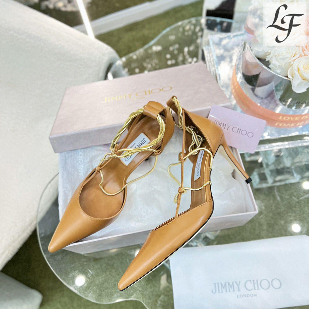 Jimmy Choo Sheepskin Spaghetti Strap Chain  Heels