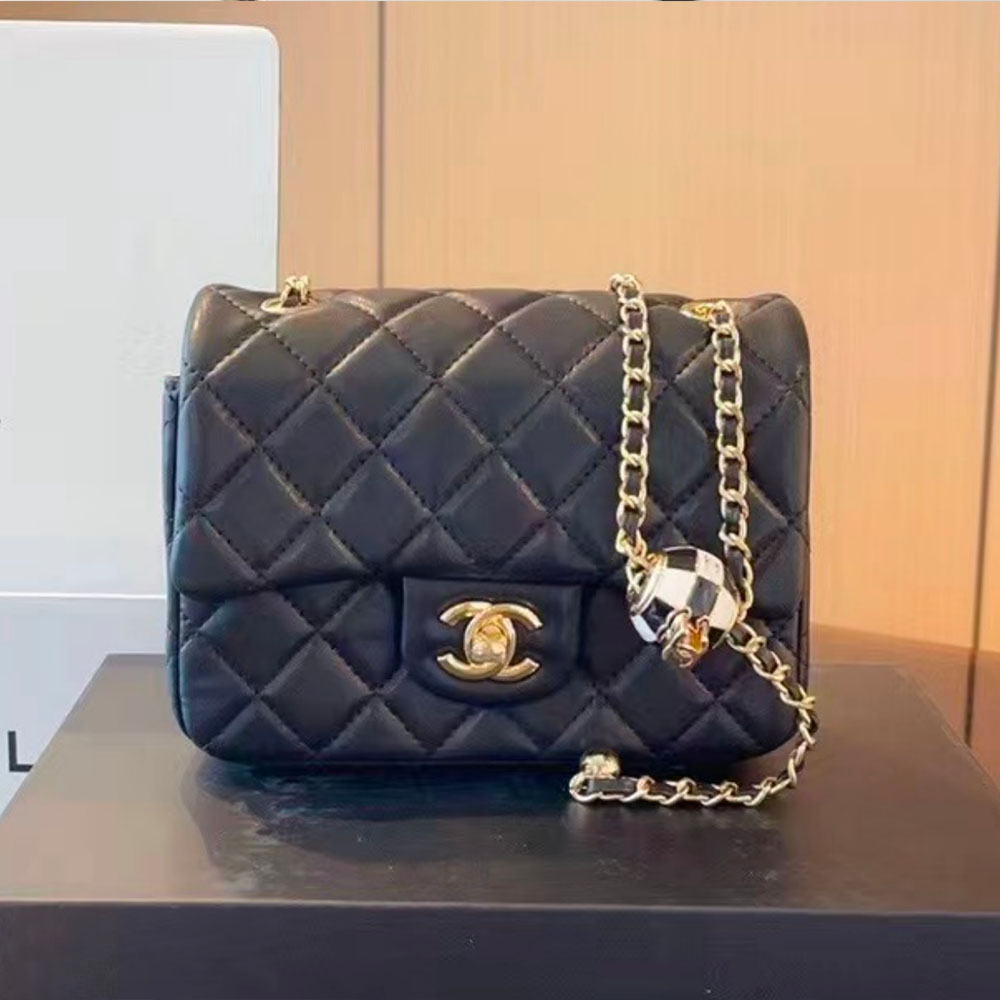 Chanel Lambskin Quilted Enamel CC Pearl Crush Mini Flap Black