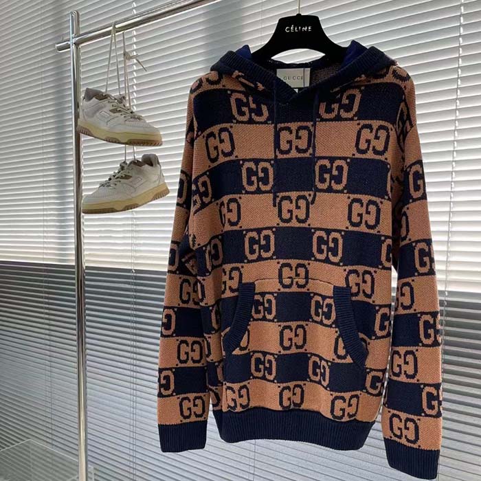 Gucci Men GG Cotton Jacquard Hooded Sweater Beige Dark Blue Dropped Shoulder Kangaroo Pocket