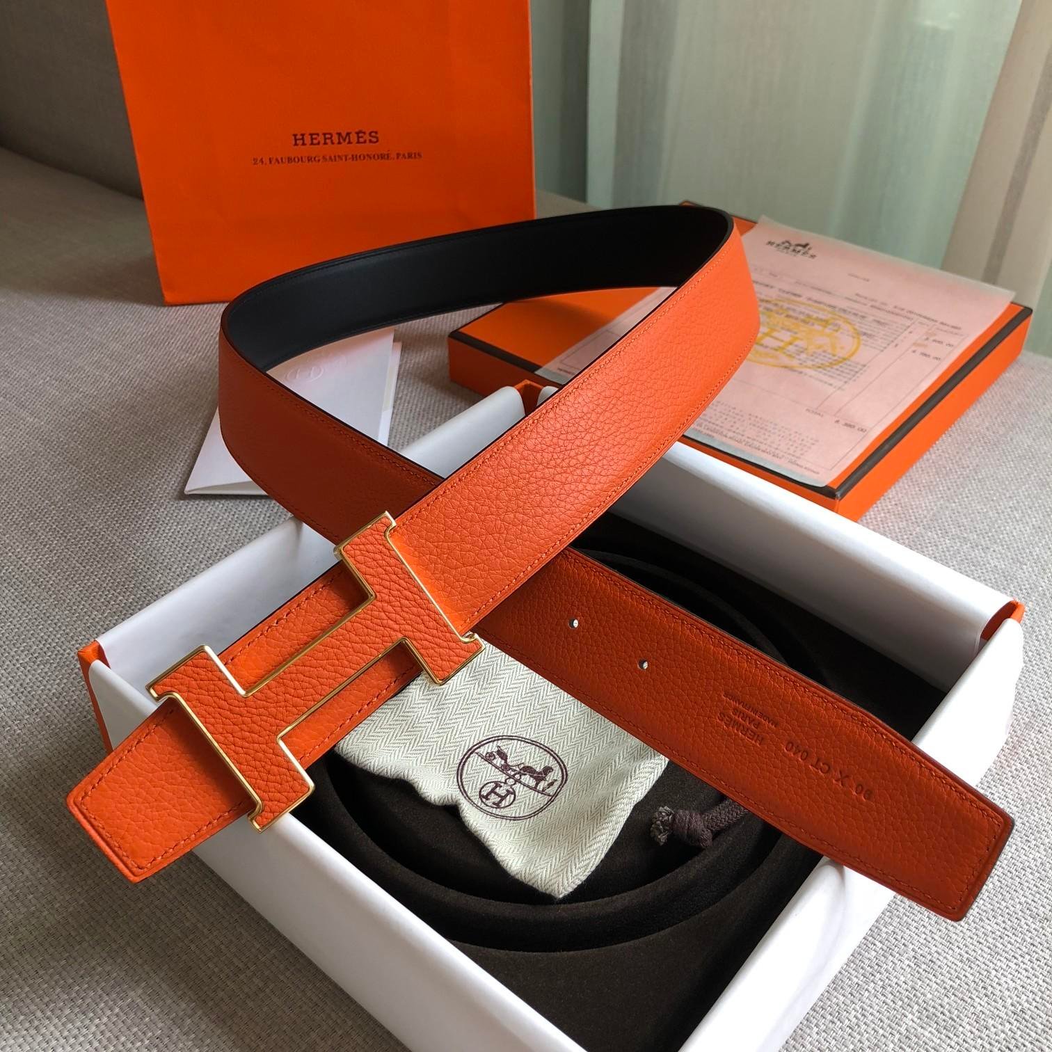 Hermes H Guillochee Belt Buckle & Reversible Strap Orange Belt 380MM