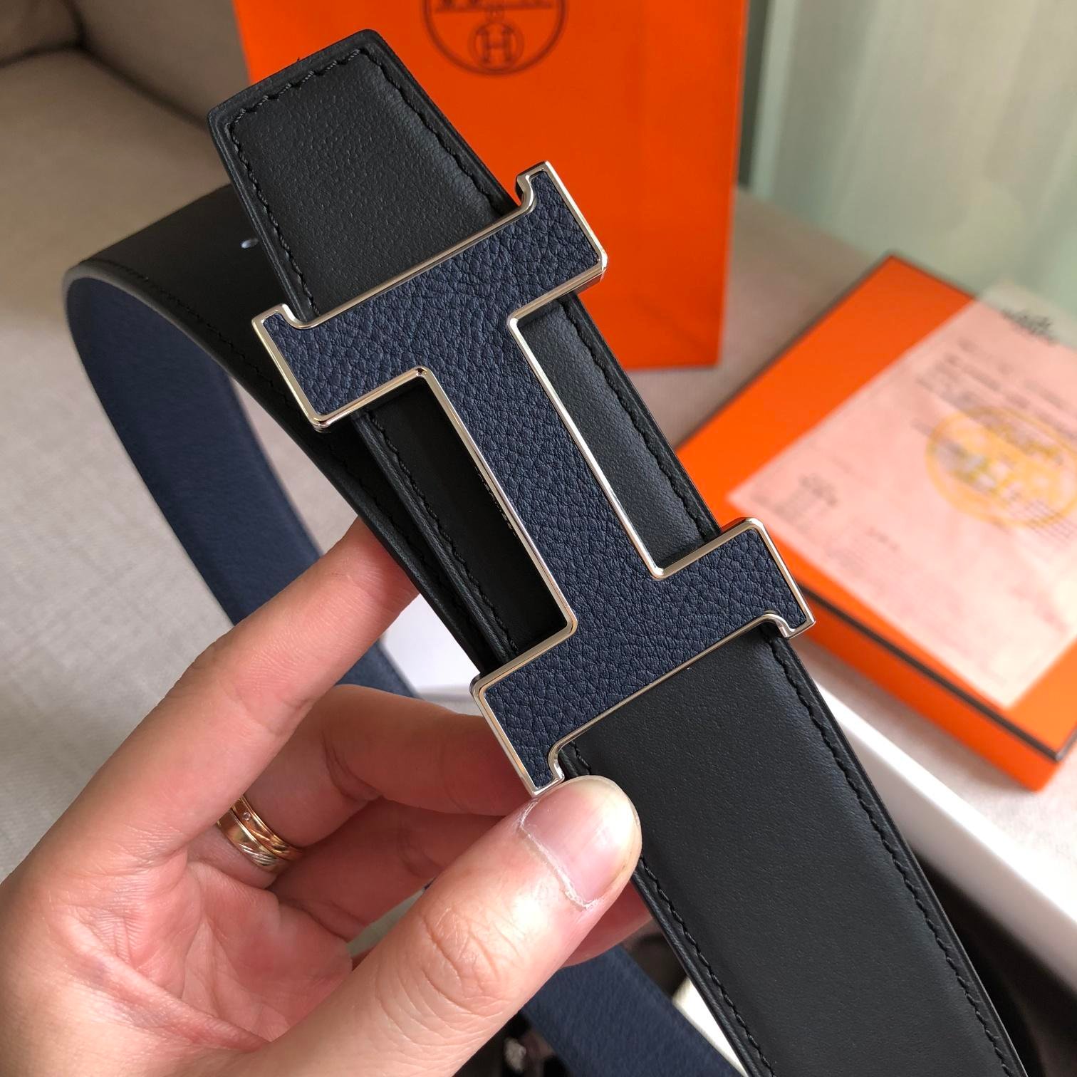 Hermes H Guillochee Belt Buckle & Reversible Strap Black Belt 380MM