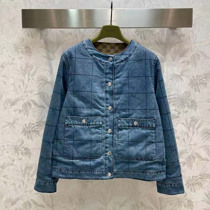Gucci Men GG Reversible Denim Jacket Camel Ebony GG Canvas Reversible Collarless Dropped Shoulder