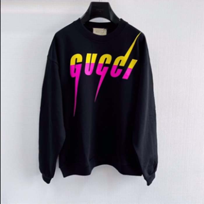 Gucci Men GG Cotton Jersey Printed Sweatshirt Black Felted Blade Print Crewneck Long Sleeves