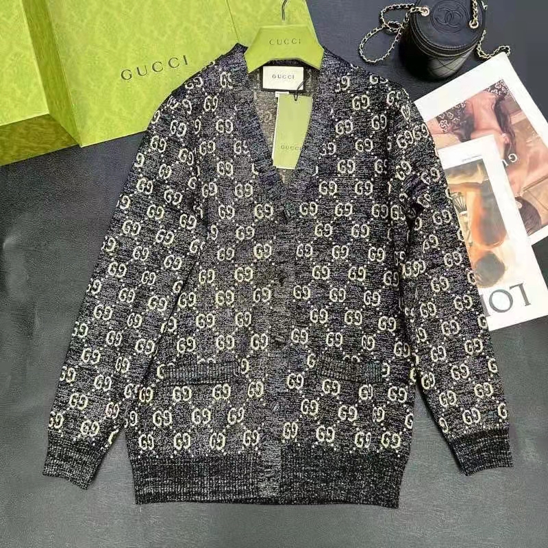 Gucci Men Lamé GG Jacquard Cardigan Black Beige Fine Cotton