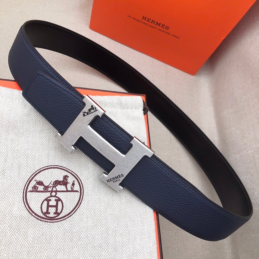 Hermes H Belt Buckle & Reversible Blue Belt 380MM