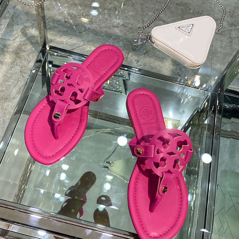 Tory Burch Leather Metal Double T Logo Flip-flops Sandals Slide