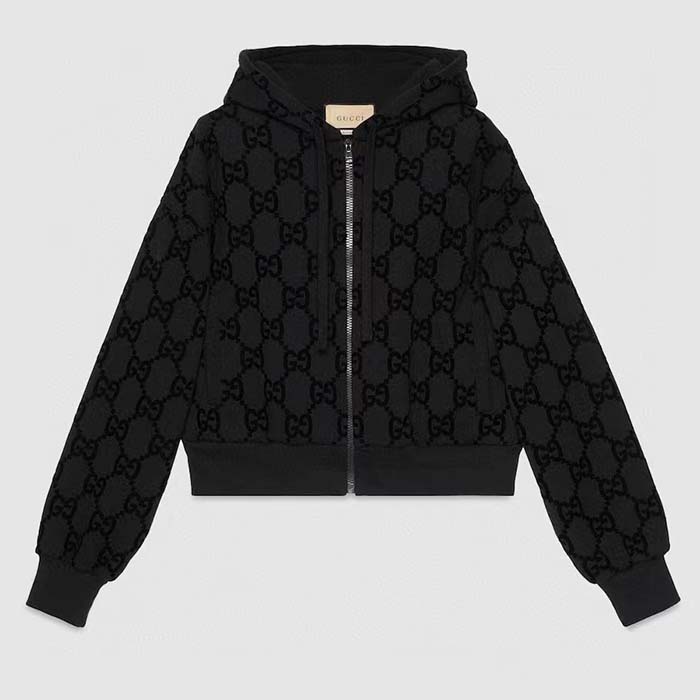 Gucci Men GG Brushed Cotton Hooded Sweatshirt Black Fixed Hood Dropped Shoulder Long Sleeves