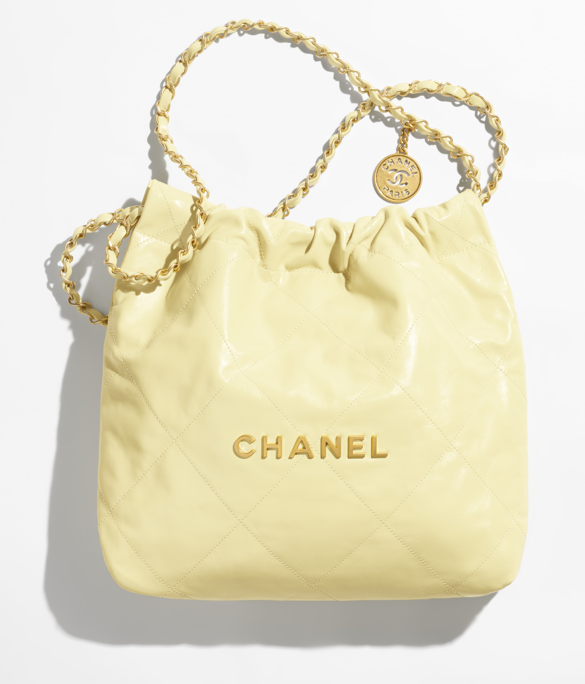 CHANEL 22 SMALL HANDBAG Calfskin & Silver Metal Yellow