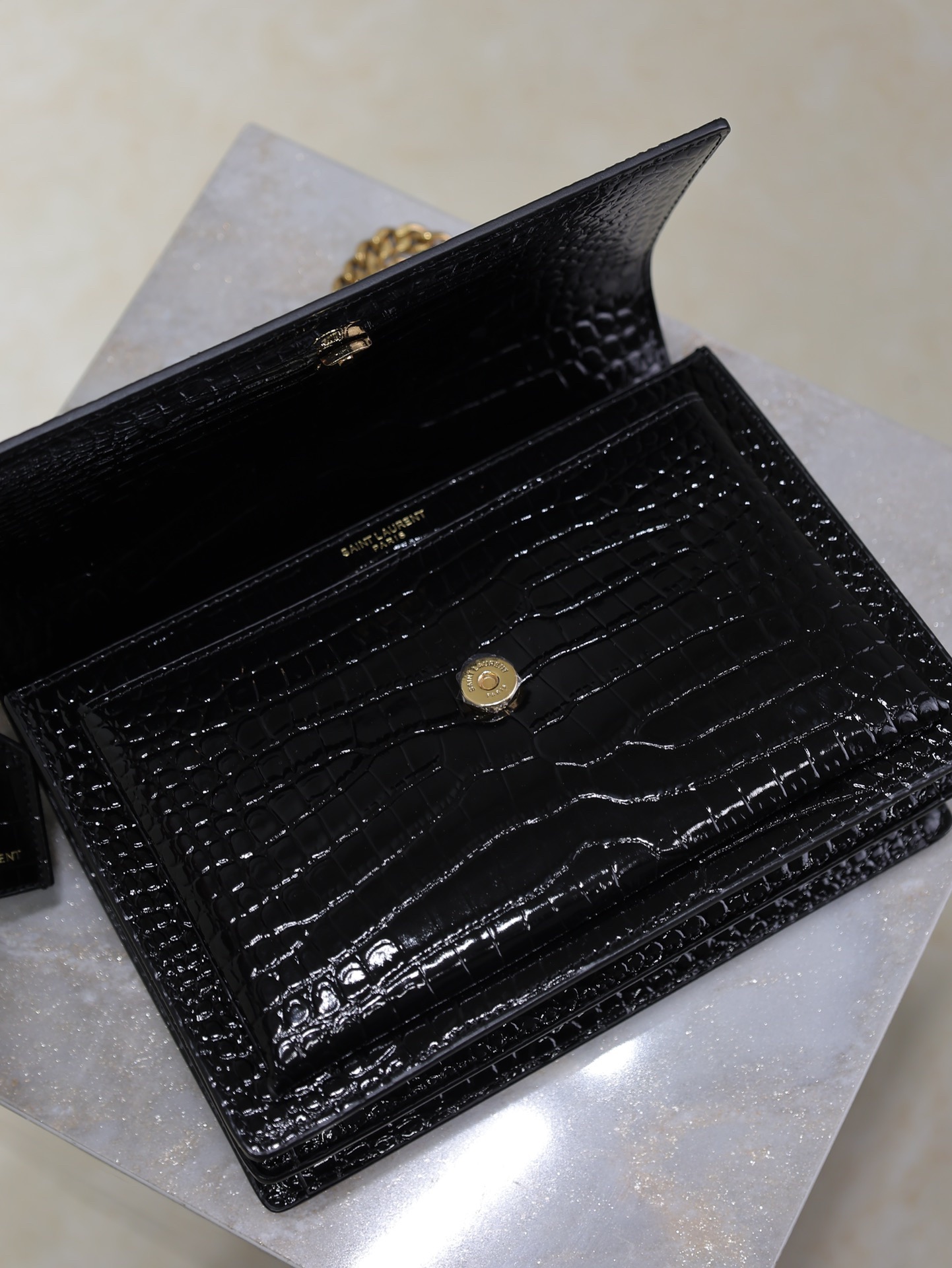 Saint Laurent Black Crocodile Pattern Chain Shoulder Bag