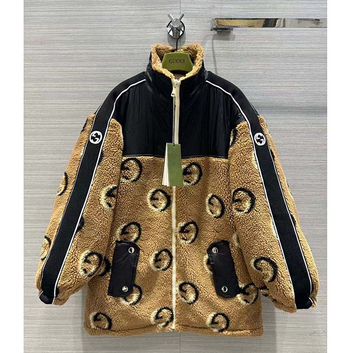 Gucci Men GG Wool Fleece Jacquard Zip Jacket Lined High Neck Dropped Shoulder Nylon Inserts