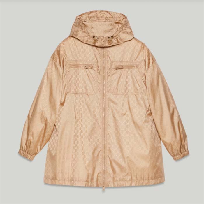 Gucci Men GG Hooded Jacket Light Camel GG Nylon Jacquard