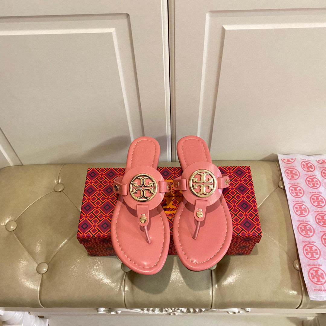 Tory Burch Leather Metal Logo Flip-flops Sandals Slide