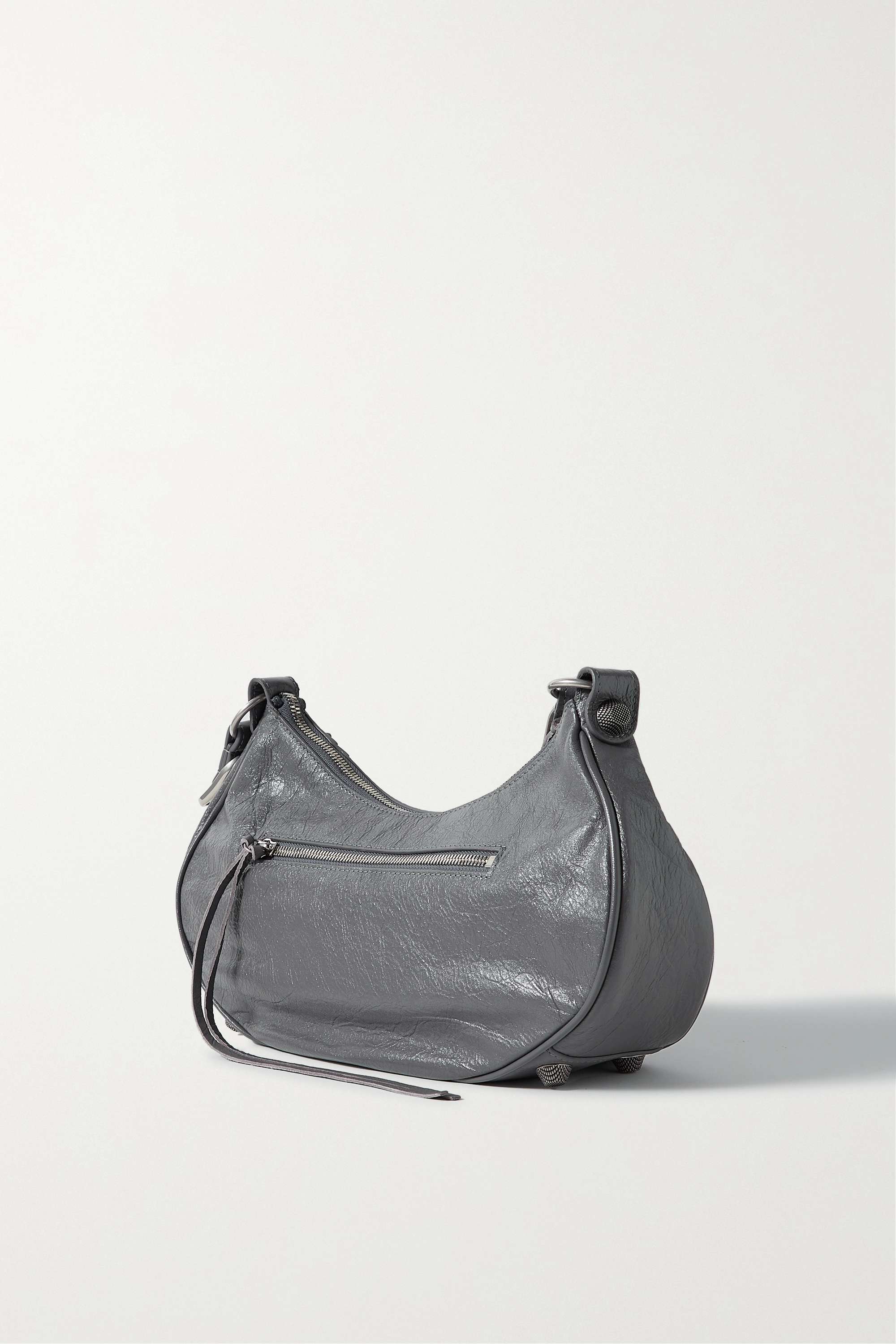 BALENCIAGA Le Cagole small studded crinkled-leather shoulder bag Grey