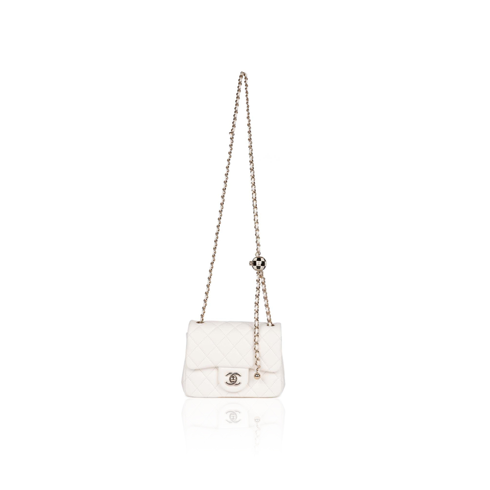 Chanel Classic Flag Bag Pearl Crush Mini Square Flap Bag White Lambskin Light Gold Hardware
