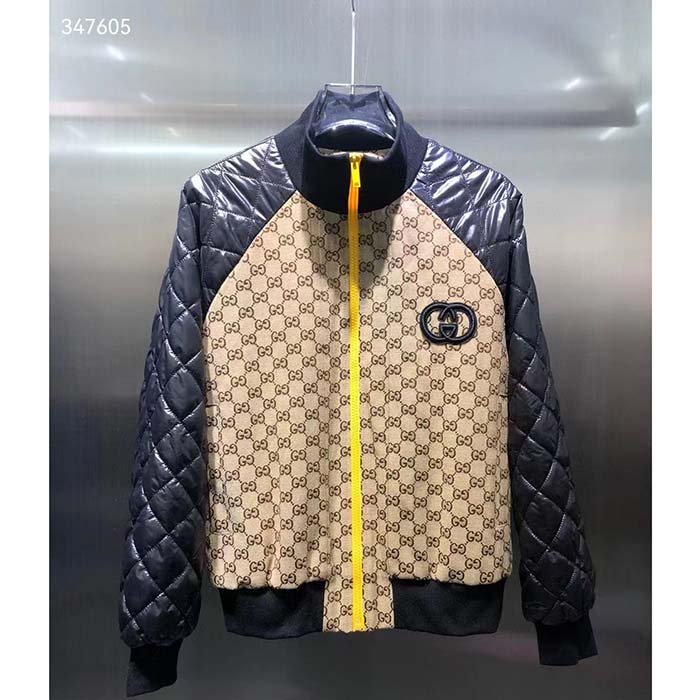 Gucci Men GG Canvas Nylon Zip Jacket Beige Ebony Black Quilted High Neck