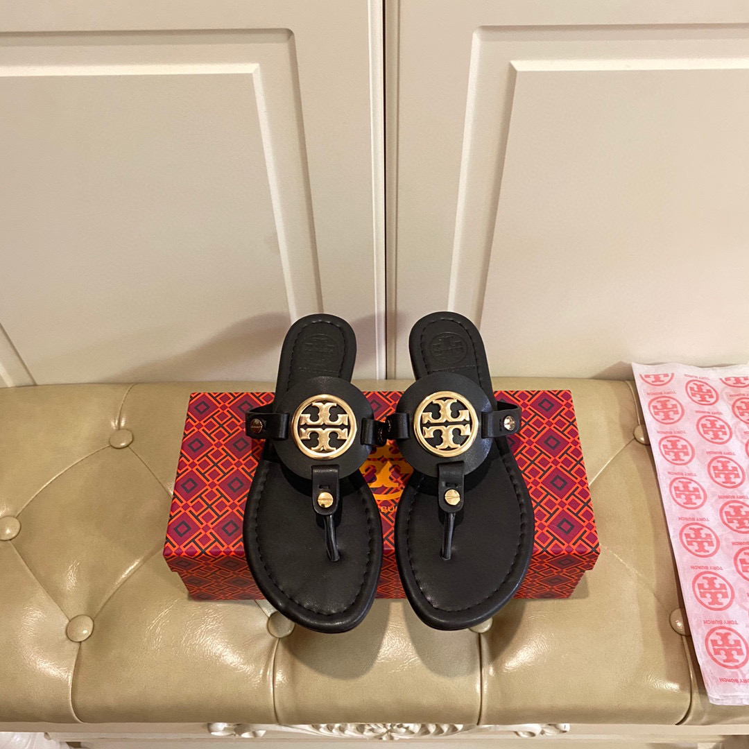 Tory Burch Leather Metal Logo Flip-flops Sandals Slide