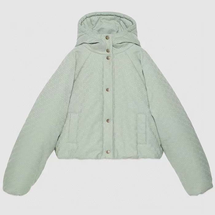 Gucci Men GG Canvas Hooded Bomber Jacket Pale Blue Two Side Pockets Padded Drawstring Hem