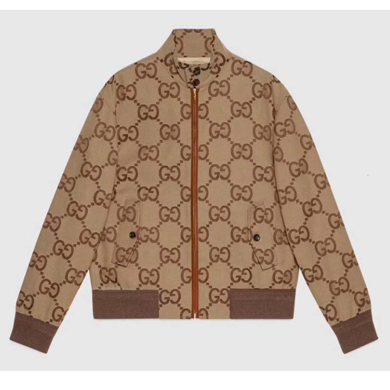 Gucci Men Jumbo GG Canvas Jacket Beige Ebony Jumbo Cotton Wool Leather