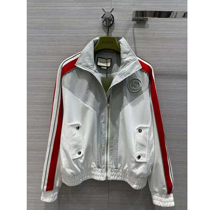 Gucci Men GG Technical Jersey Zip Sweatshirt Interlocking G Embroidered Patch High Neck Dropped Shoulder