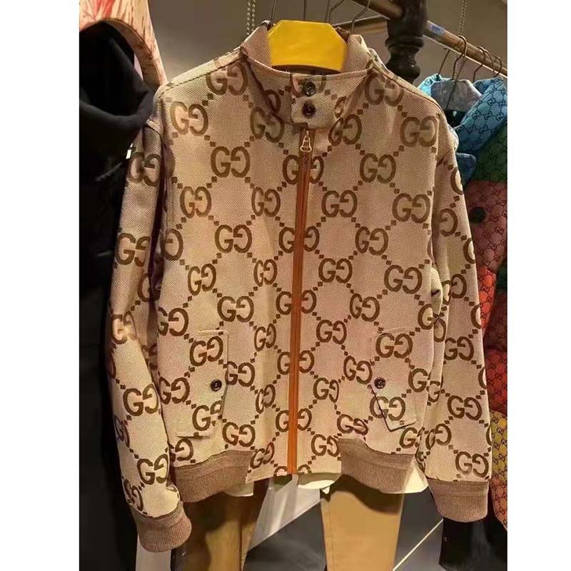 Gucci Men Jumbo GG Canvas Jacket Beige Ebony Jumbo Cotton Wool Leather
