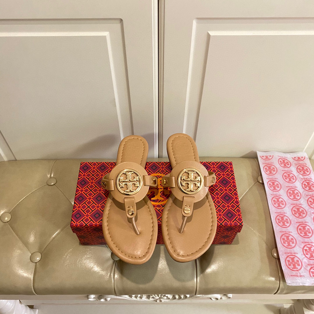 Tory Burch Leather Metal Logo Flip-flops Sandals Slide