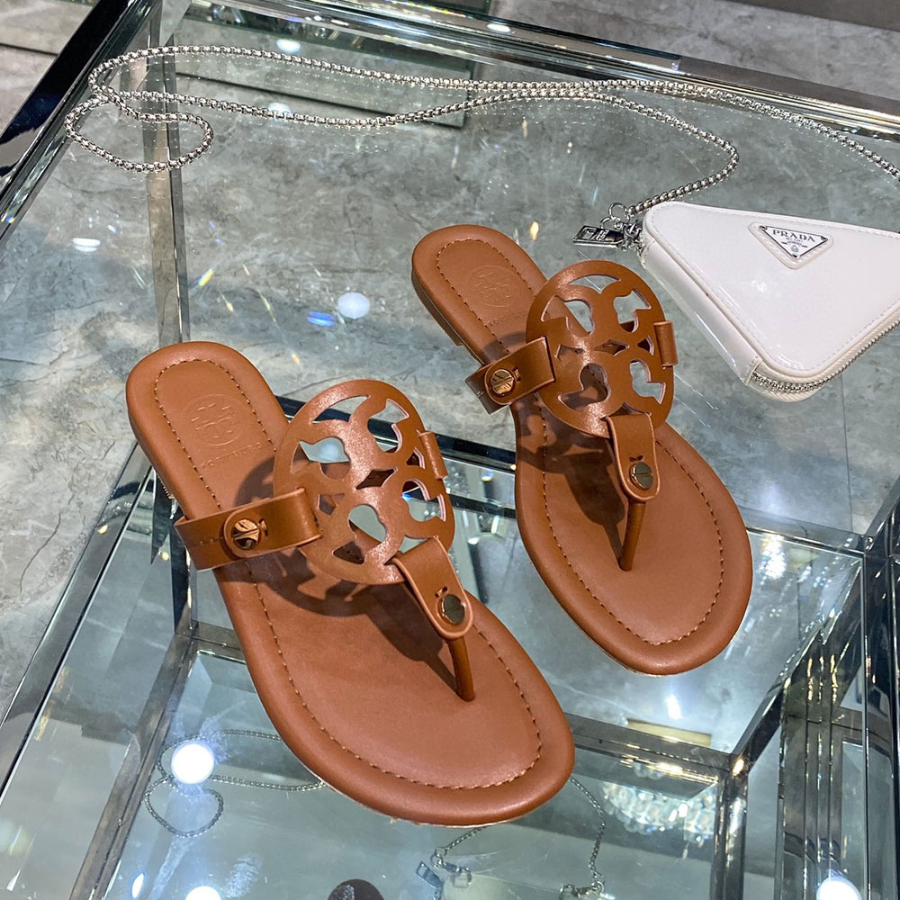 Tory Burch Leather Metal Double T Logo Flip-flops Sandals Slide