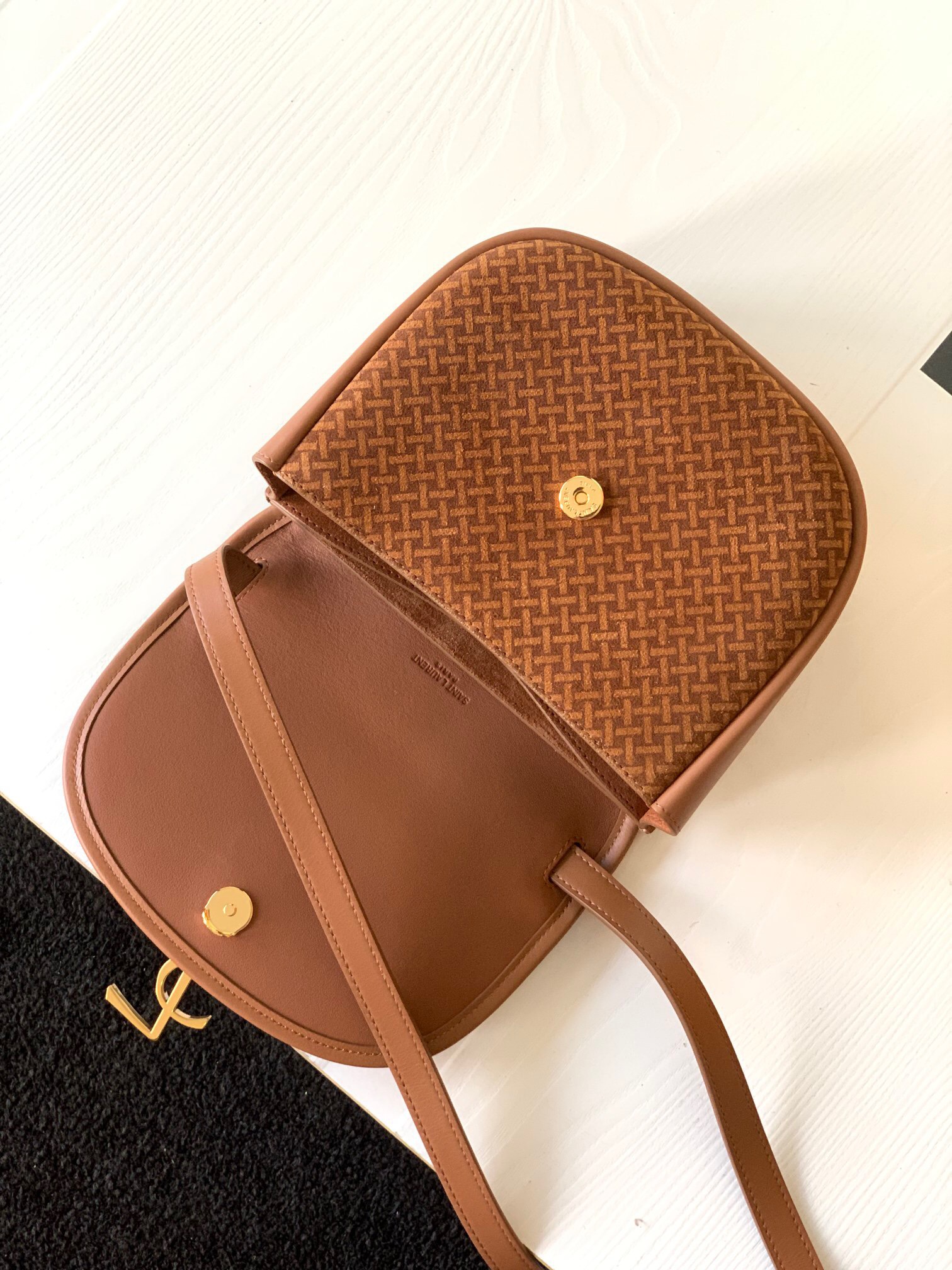 Saint Laurent caramel frosted printed diagonal cross bag