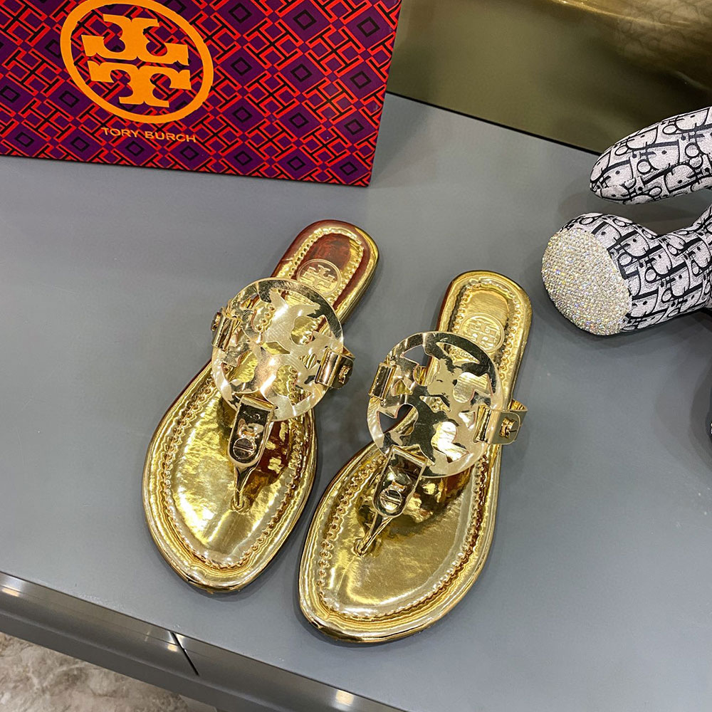 Tory Burch Leather Metal Double T Logo Flip-flops Sandals Slide
