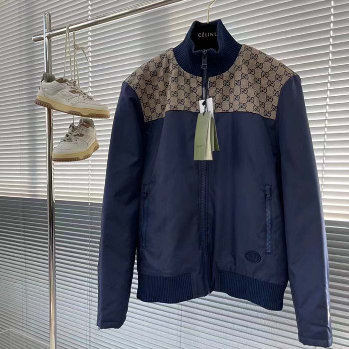 Gucci Men GG Nylon Canvas Zip Jacket Dark Blue Interlocking G Embroidered High Neck