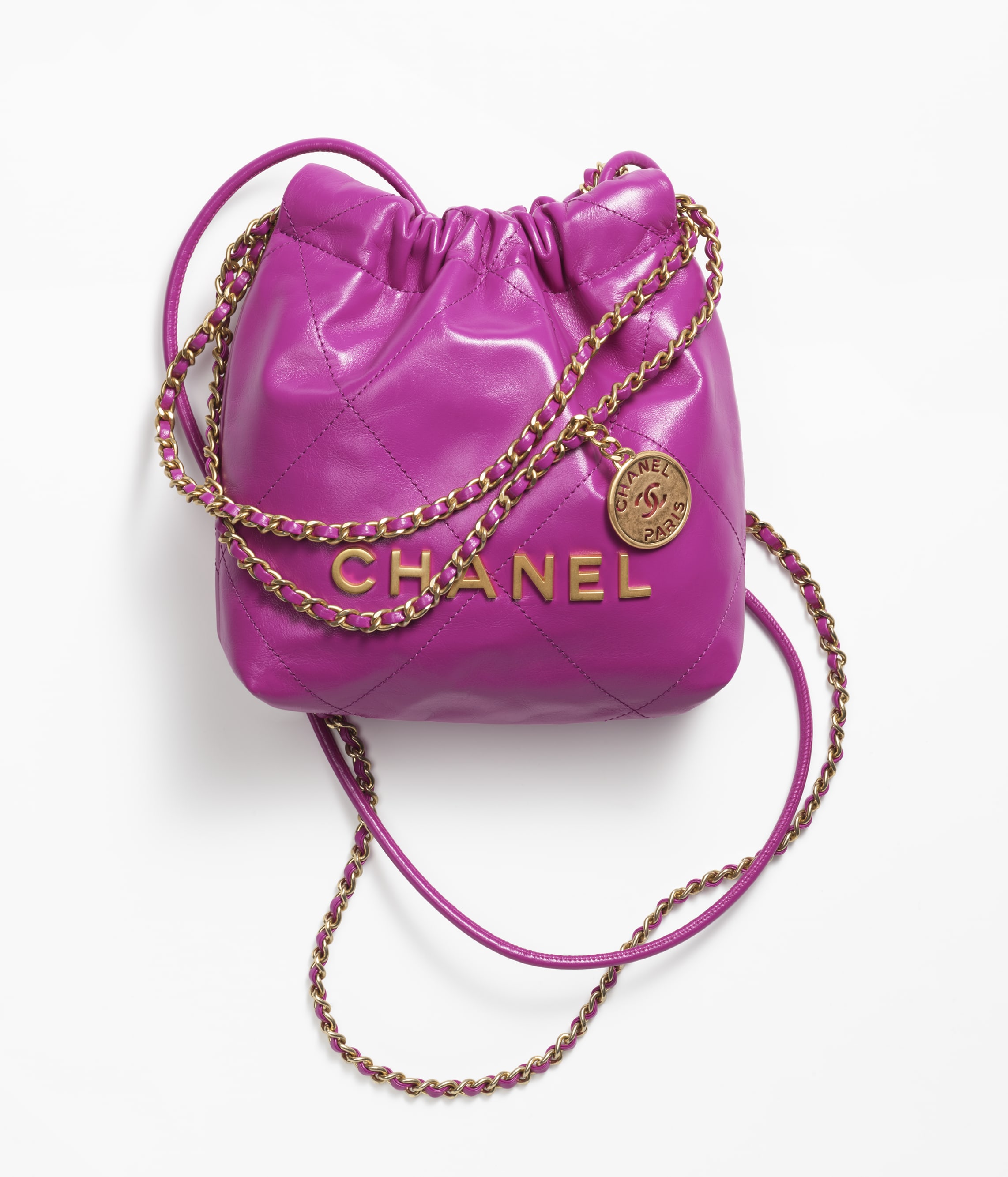 CHANEL 22 MINI HANDBAG Shiny Calfskin & Gold-Tone Metal Purple