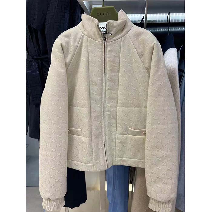 Gucci Men GG Canvas Bomber Jacket Cream Self-Covered Buttons Interlocking G Lined High Neck