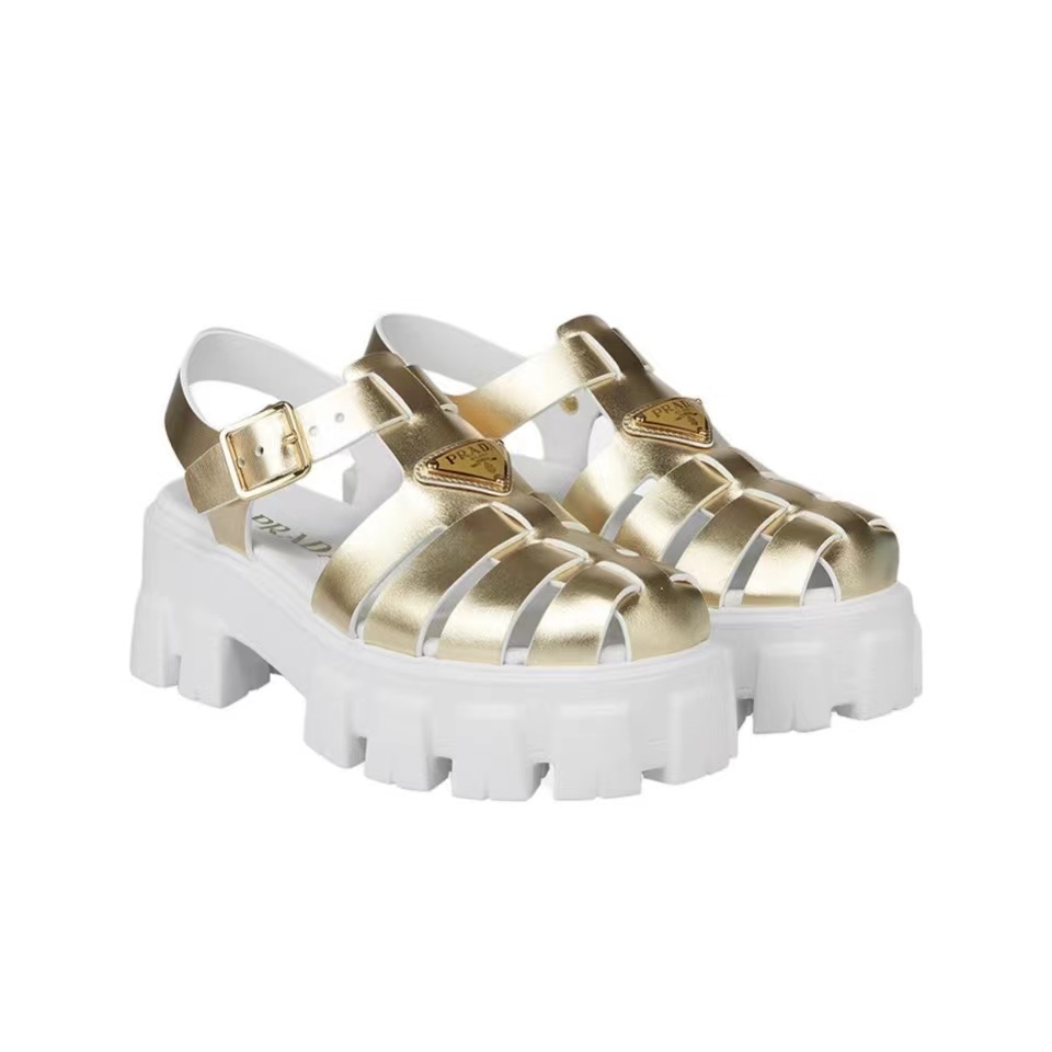 Prada Leather Round Head Buckle Sandals Slide