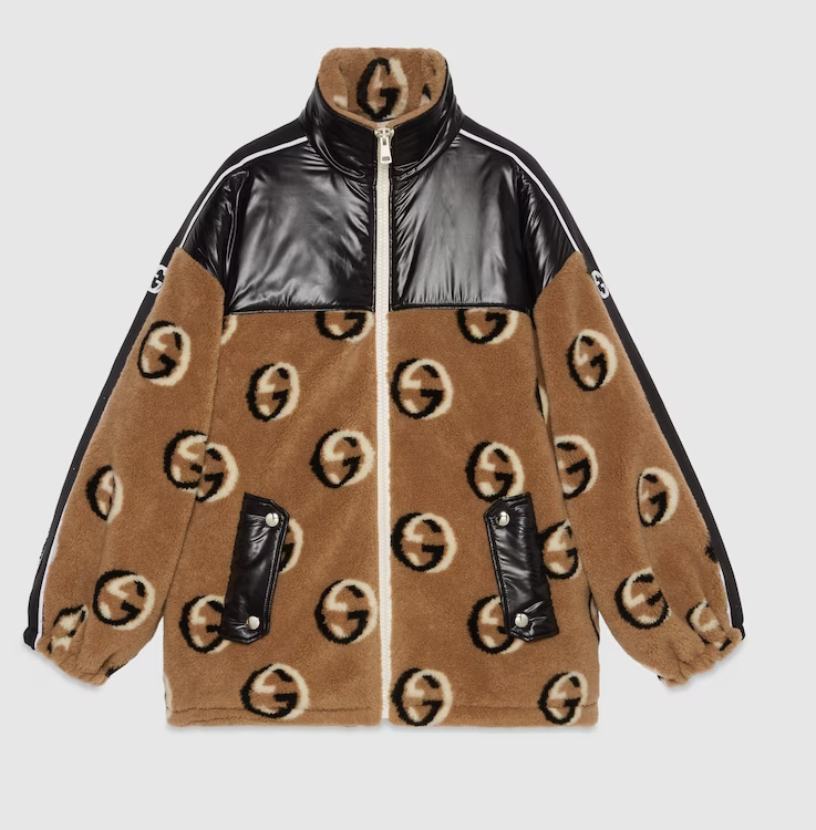 Gucci Men GG Wool Fleece Jacquard Zip Jacket Lined High Neck Dropped Shoulder Nylon Inserts