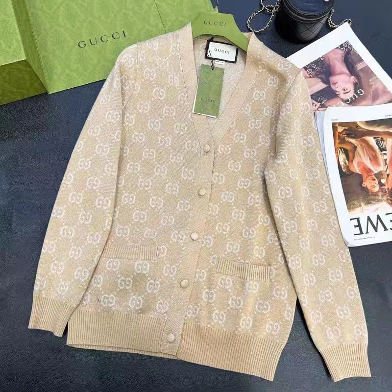 Gucci Men Lamé GG Jacquard Cardigan Camel Beige Fine Cotton