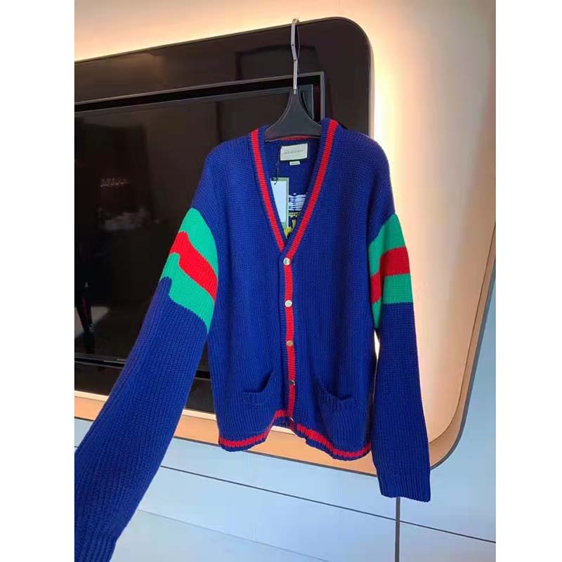 Gucci GG Men Gucci 100 Wool Cardigan Blue Wool Green Red V-Neck